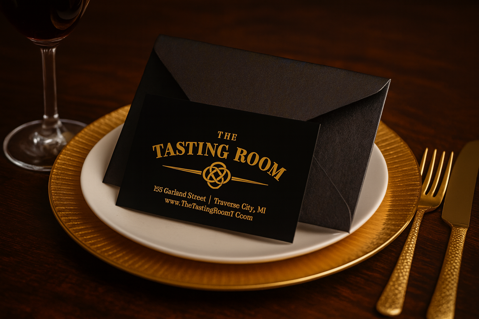 Black and gold gift card with iridescent envelope at The Tasting Room in Traverse City